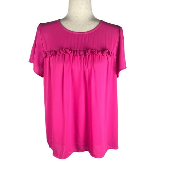PLEIONE RUFFLE FRONT BABYDOLL SWING BLOUSE IN PINK NWT WOMEN'S SIZE MEDIUM‎ - Picture 1 of 10